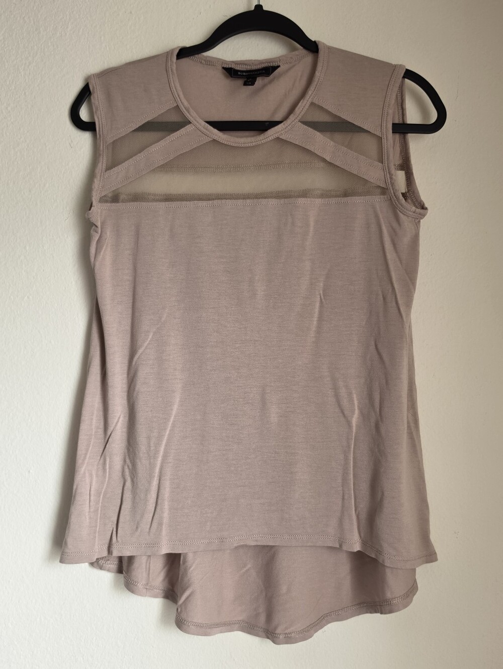 BCBG Maxazria Tan Sleeveless Blouse Hi Low Mesh Design Size XS